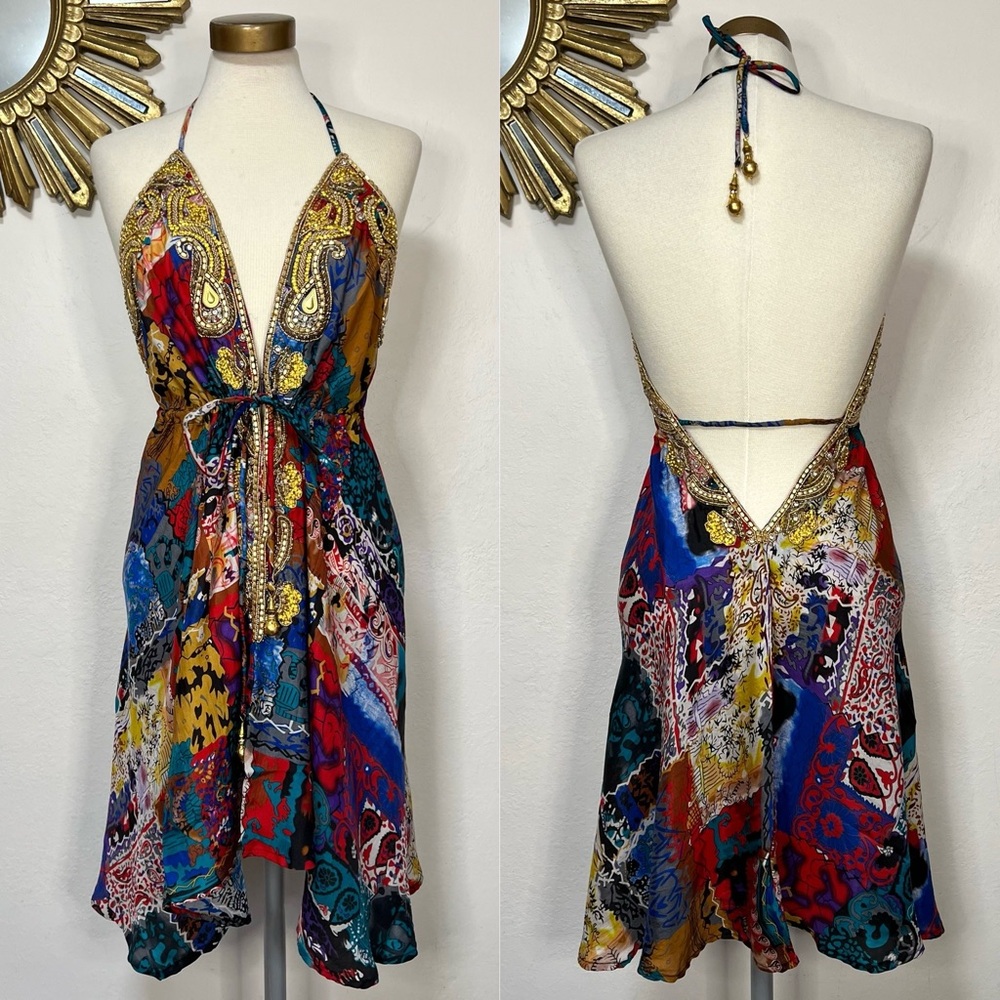 12th Tribe Silk Bellagio Multi Colored Halter Mini Dress